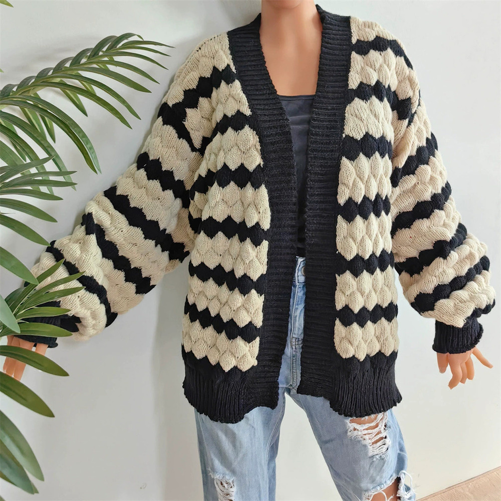 Forever 21 Fall Winter Warm Cardigan 3D Contrast Stripe Knitted Casual - Picture 2 of 6